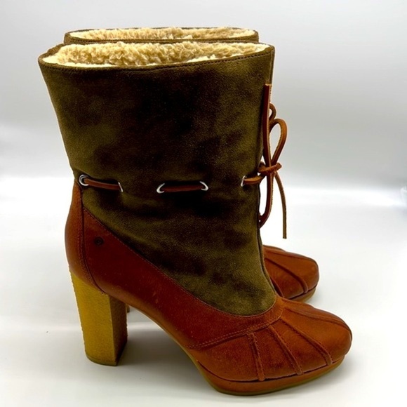 Rockport - Courtlyn Brown Leather Green Suede Slip On Duck Boots Size 8.5 - Picture 2 of 14